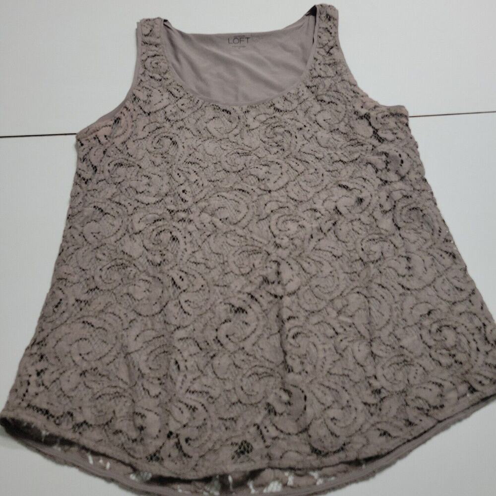Ann Taylor LOFT Shirt Women Medium Blouse Grey Cap Sleeve Scoop Neck Line Cotton